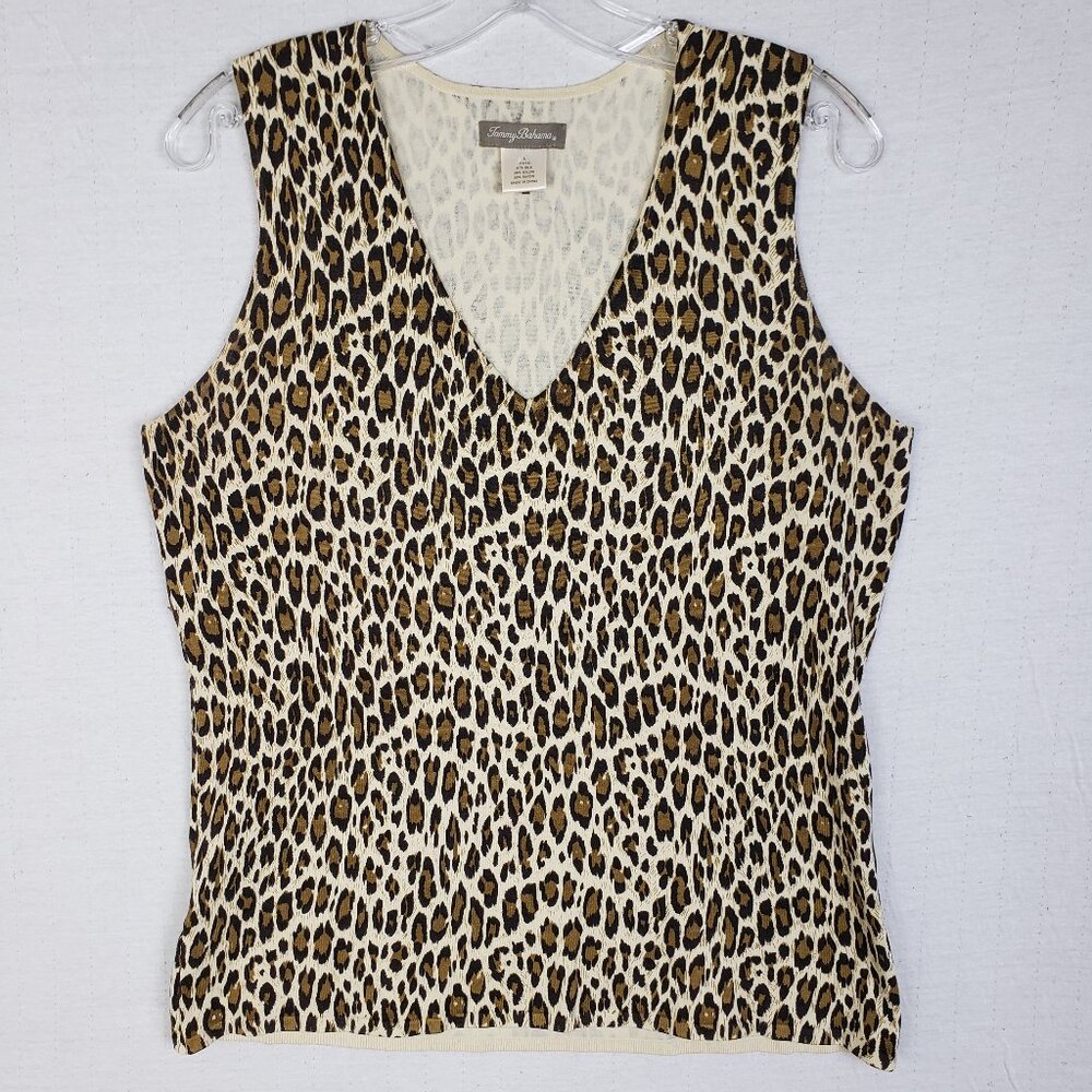 Tommy Bahama Silk Blend Knit Top Leopard Animal Print Sleeveless V-neck size L